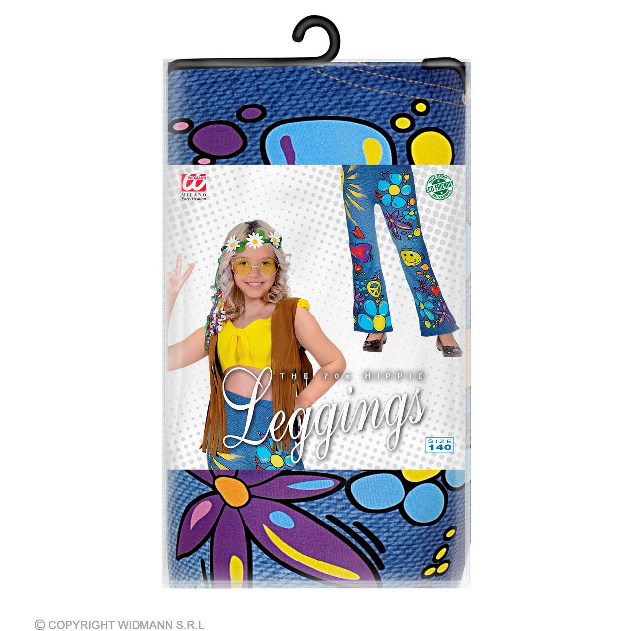 Op deze afbeelding zie je een Kostuums, van het merk Widmann. 70s Legging Hippie Peace To The World Meisje