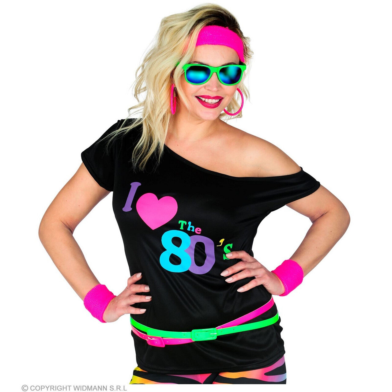 Op deze afbeelding zie je een Kostuums, van het merk Widmann. Cool 80s Shirt Zwart Vrouw