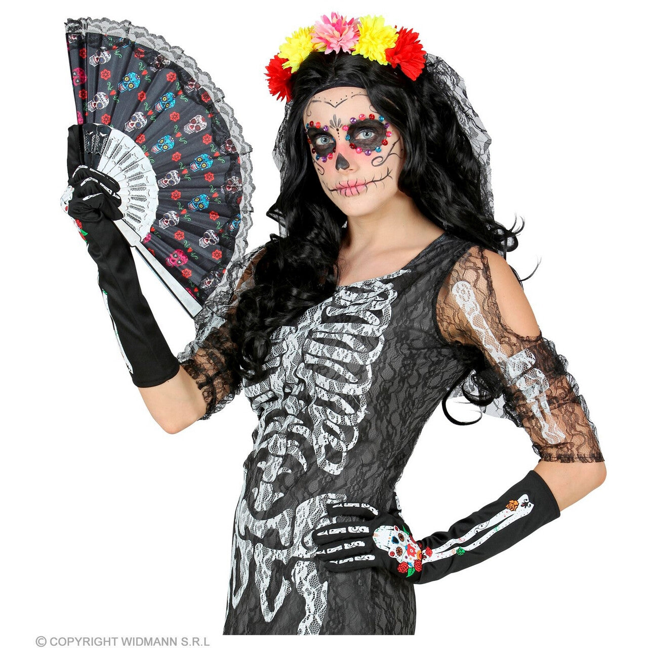 Op deze afbeelding zie je een Accessoires, van het merk Widmann. Handschoenen Skelet Dia De Los Muertos, 40 Centimeter