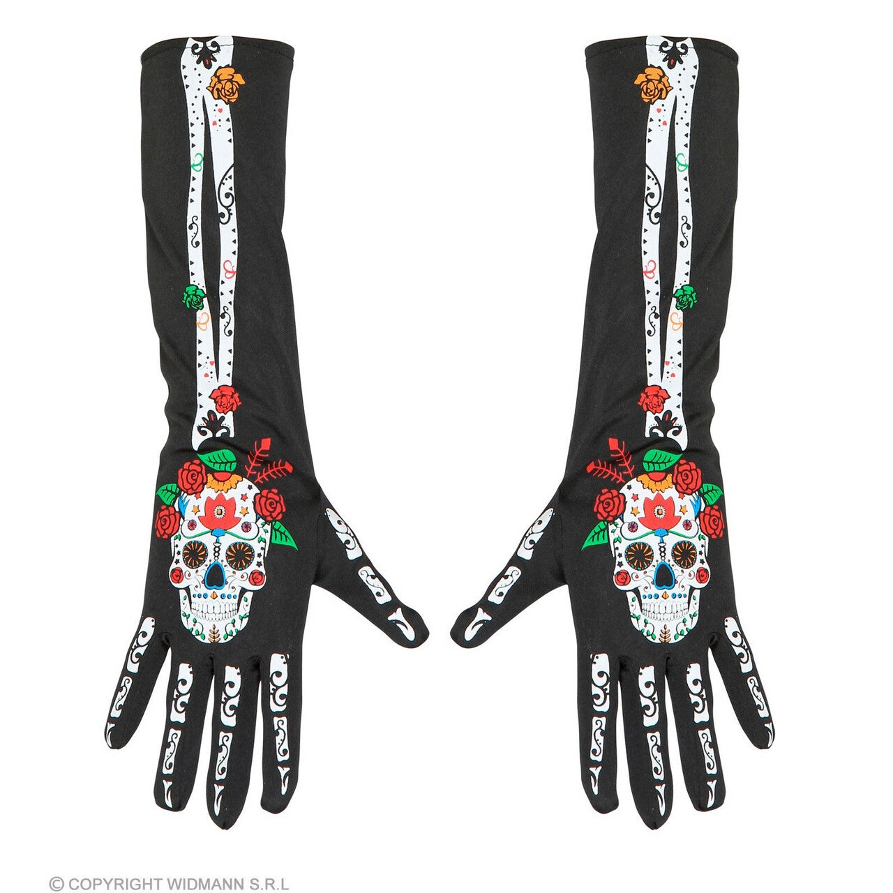 Op deze afbeelding zie je een Accessoires, van het merk Widmann. Handschoenen Skelet Dia De Los Muertos, 40 Centimeter