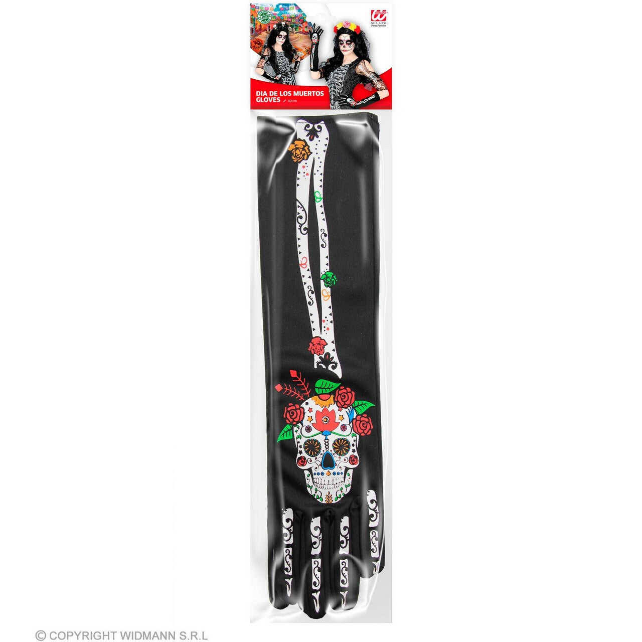 Op deze afbeelding zie je een Accessoires, van het merk Widmann. Handschoenen Skelet Dia De Los Muertos, 40 Centimeter