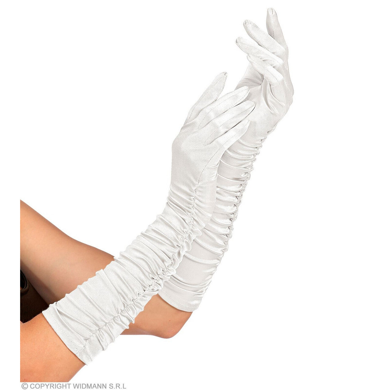 Op deze afbeelding zie je een Accessoires, van het merk Widmann. Witte Chique Satijnen Handschoenen Plisse 44 Centimeter