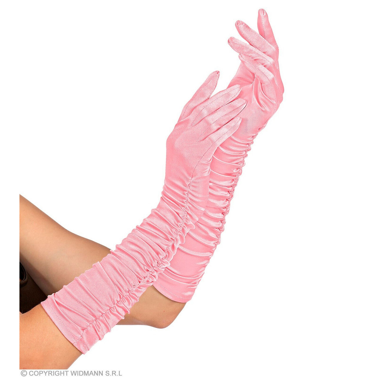 Op deze afbeelding zie je een Accessoires, van het merk Widmann. Roze Satijnen Handschoenen Prinses Peach Plisse 44 Centimeter