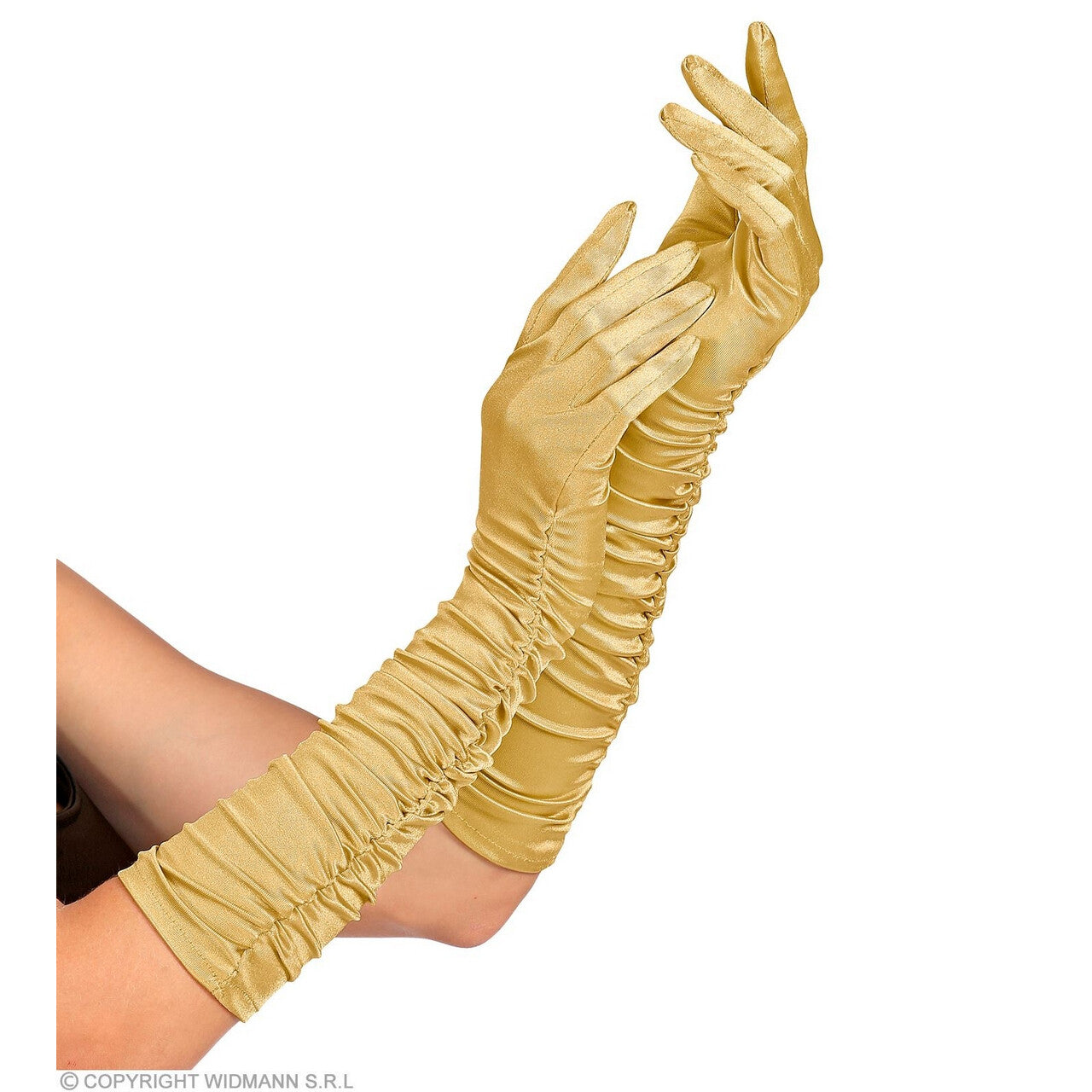Op deze afbeelding zie je een Accessoires, van het merk Widmann. Gouden Handjes Satijnen Handschoenen Plisse 44c Centimeter