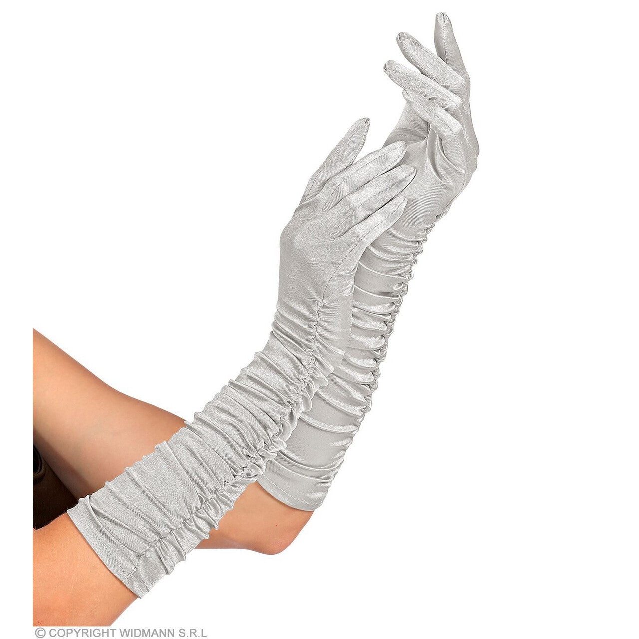 Op deze afbeelding zie je een Accessoires, van het merk Widmann. Zilveren Satijnen Handschoenen Plisse 44 Centimeter