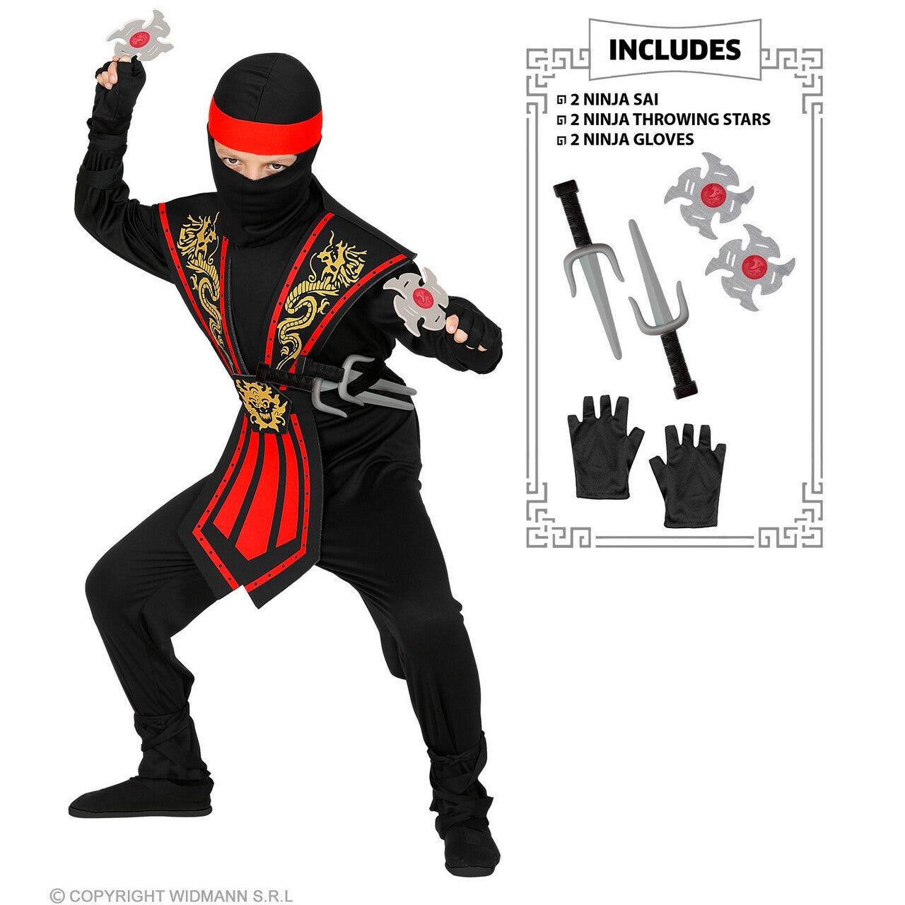 Op deze afbeelding zie je een Kostuums, van het merk Widmann. Vurige Draken Ninja Met Wapens Kind Jongen Kostuum
