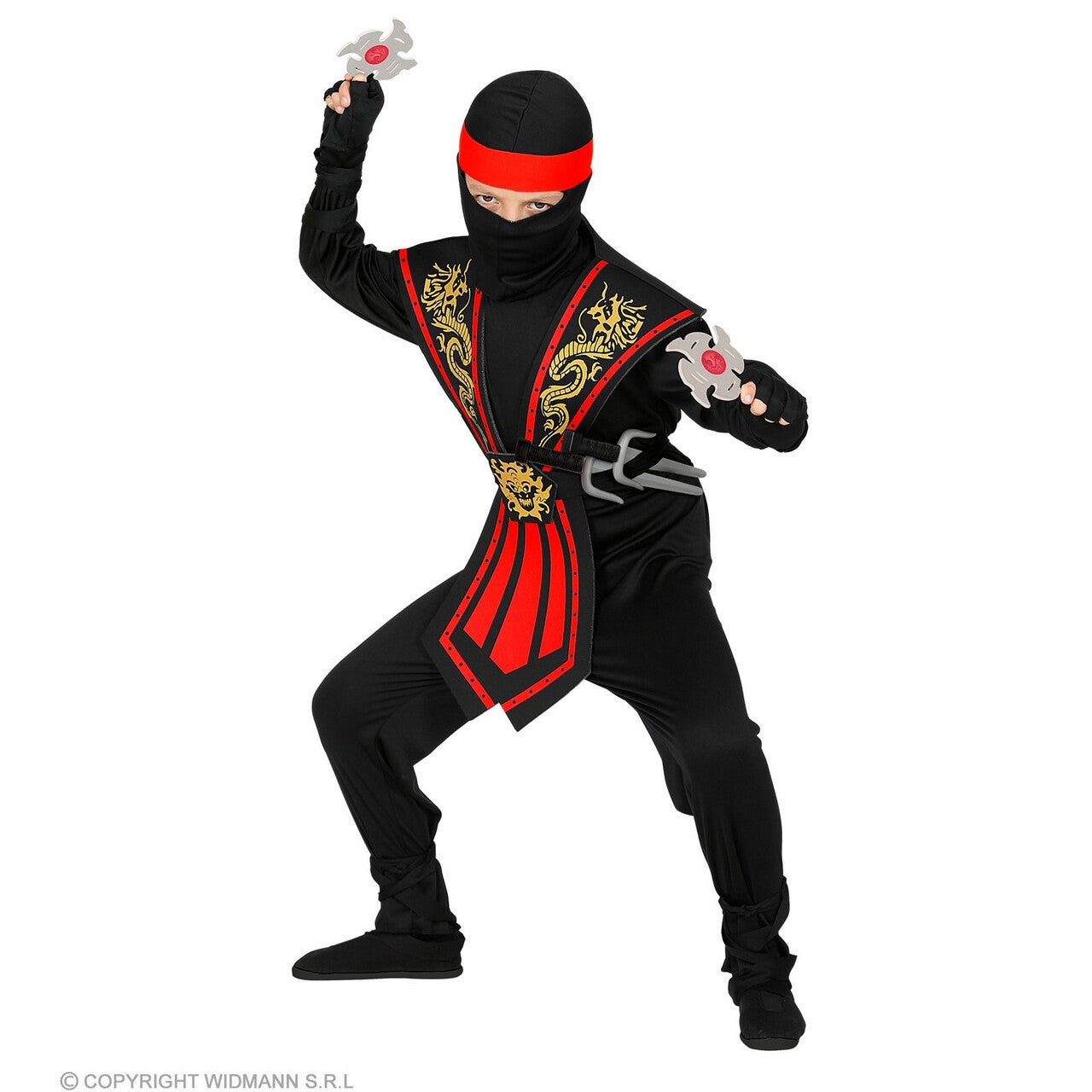 Op deze afbeelding zie je een Kostuums, van het merk Widmann. Vurige Draken Ninja Met Wapens Kind Jongen Kostuum
