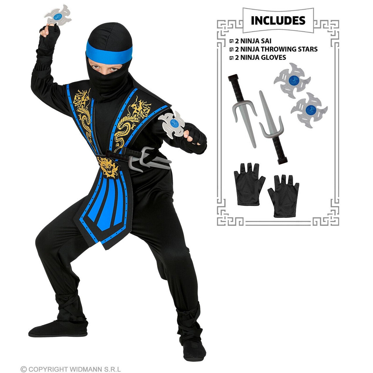 Op deze afbeelding zie je een Kostuums, van het merk Widmann. Meedogenloze Draken Ninja Met Wapens Kind Blauw Jongen Kostuum