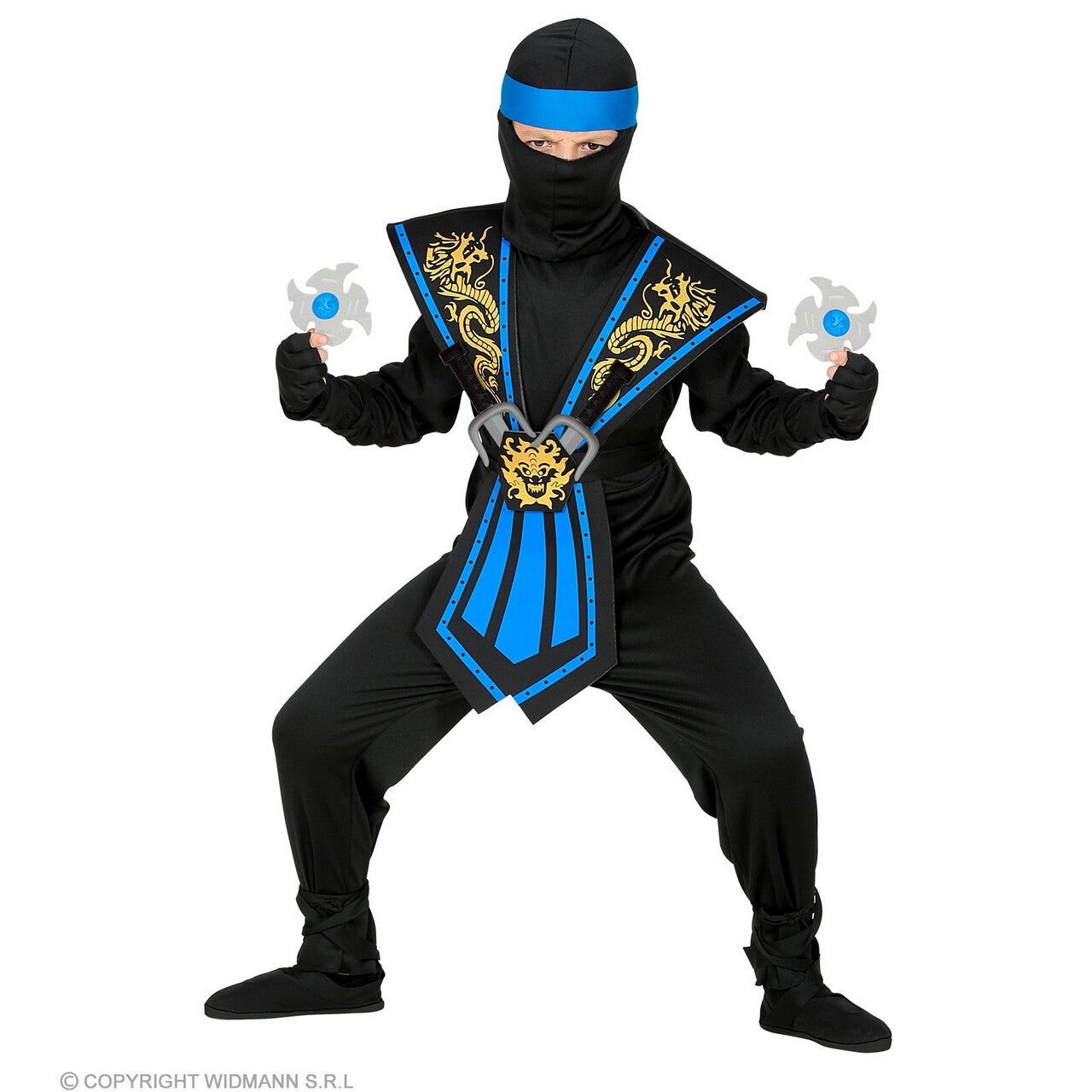 Op deze afbeelding zie je een Kostuums, van het merk Widmann. Meedogenloze Draken Ninja Met Wapens Kind Blauw Jongen Kostuum