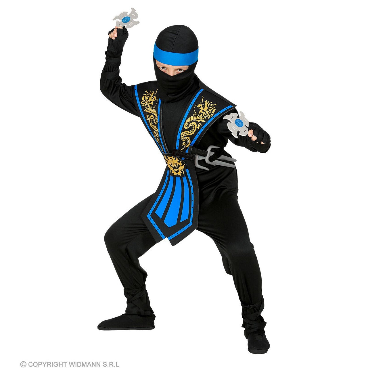 Op deze afbeelding zie je een Kostuums, van het merk Widmann. Meedogenloze Draken Ninja Met Wapens Kind Blauw Jongen Kostuum