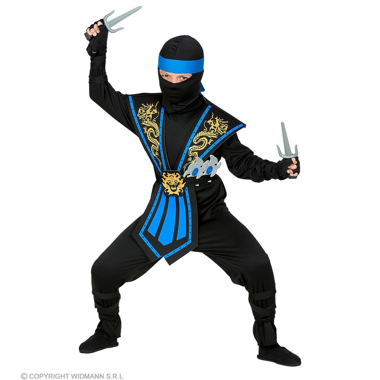 Op deze afbeelding zie je een Kostuums, van het merk Widmann. Meedogenloze Draken Ninja Met Wapens Kind Blauw Jongen Kostuum