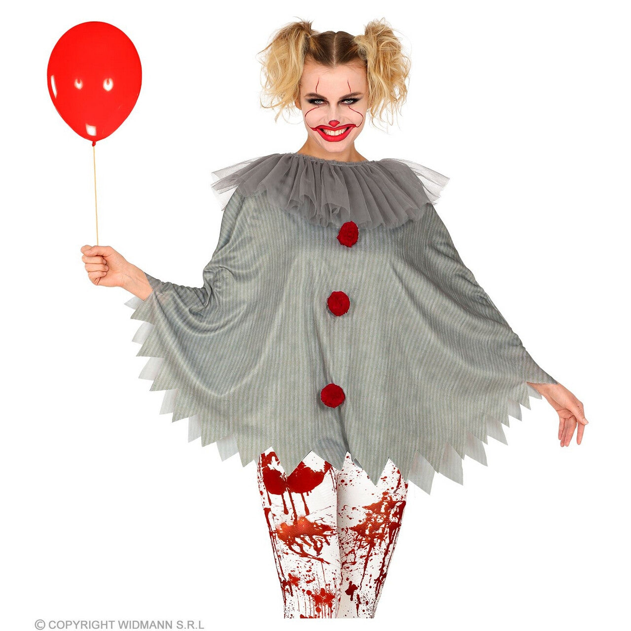 Op deze afbeelding zie je een Kostuums, van het merk Widmann. Horror Clown Penny Wijs Poncho