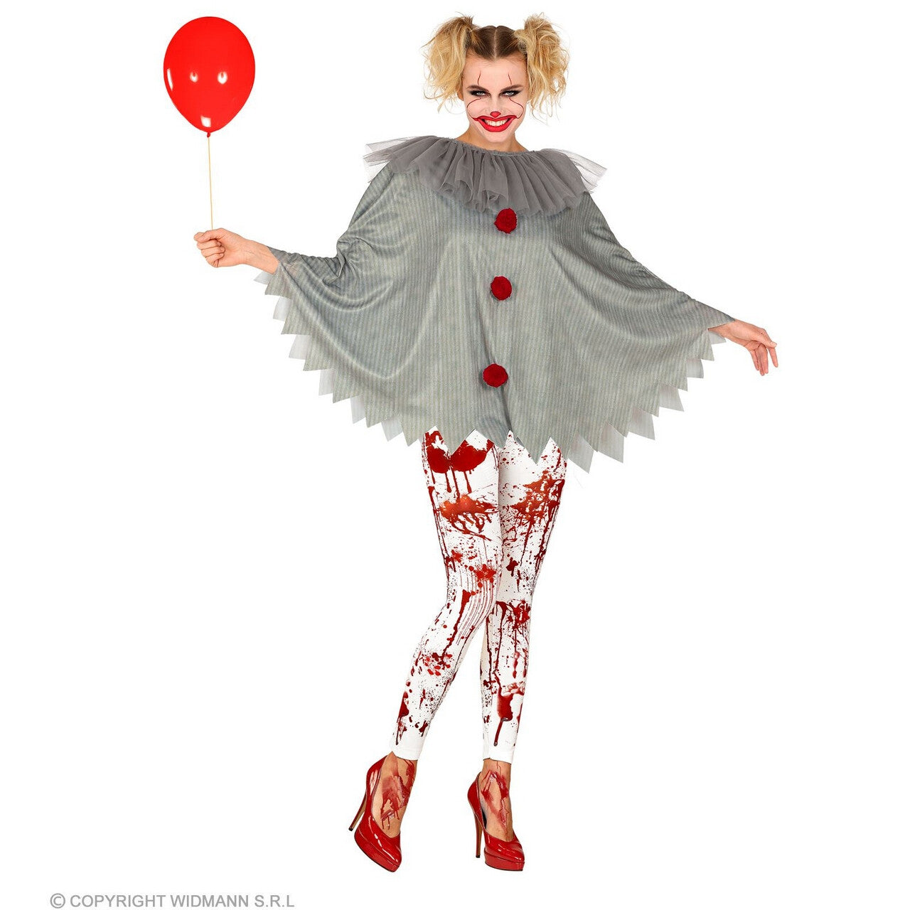 Op deze afbeelding zie je een Kostuums, van het merk Widmann. Horror Clown Penny Wijs Poncho