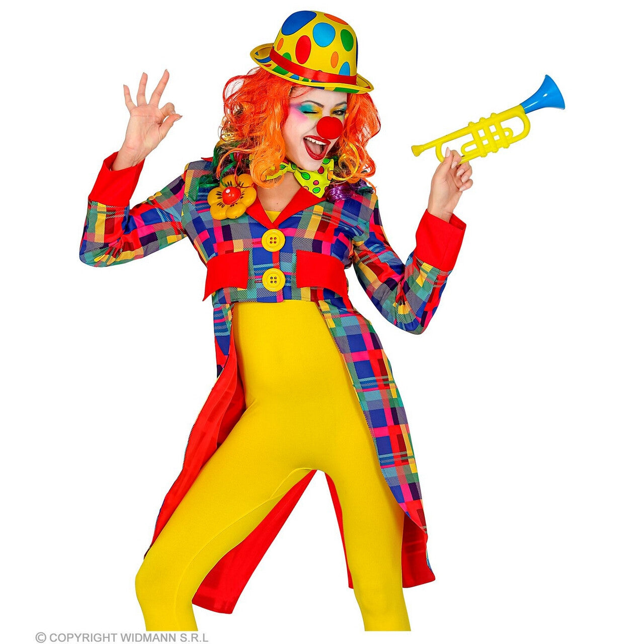 Op deze afbeelding zie je een Kostuums, van het merk Widmann. Moema De Geinige Clown Slipjas Geblokt Vrouw