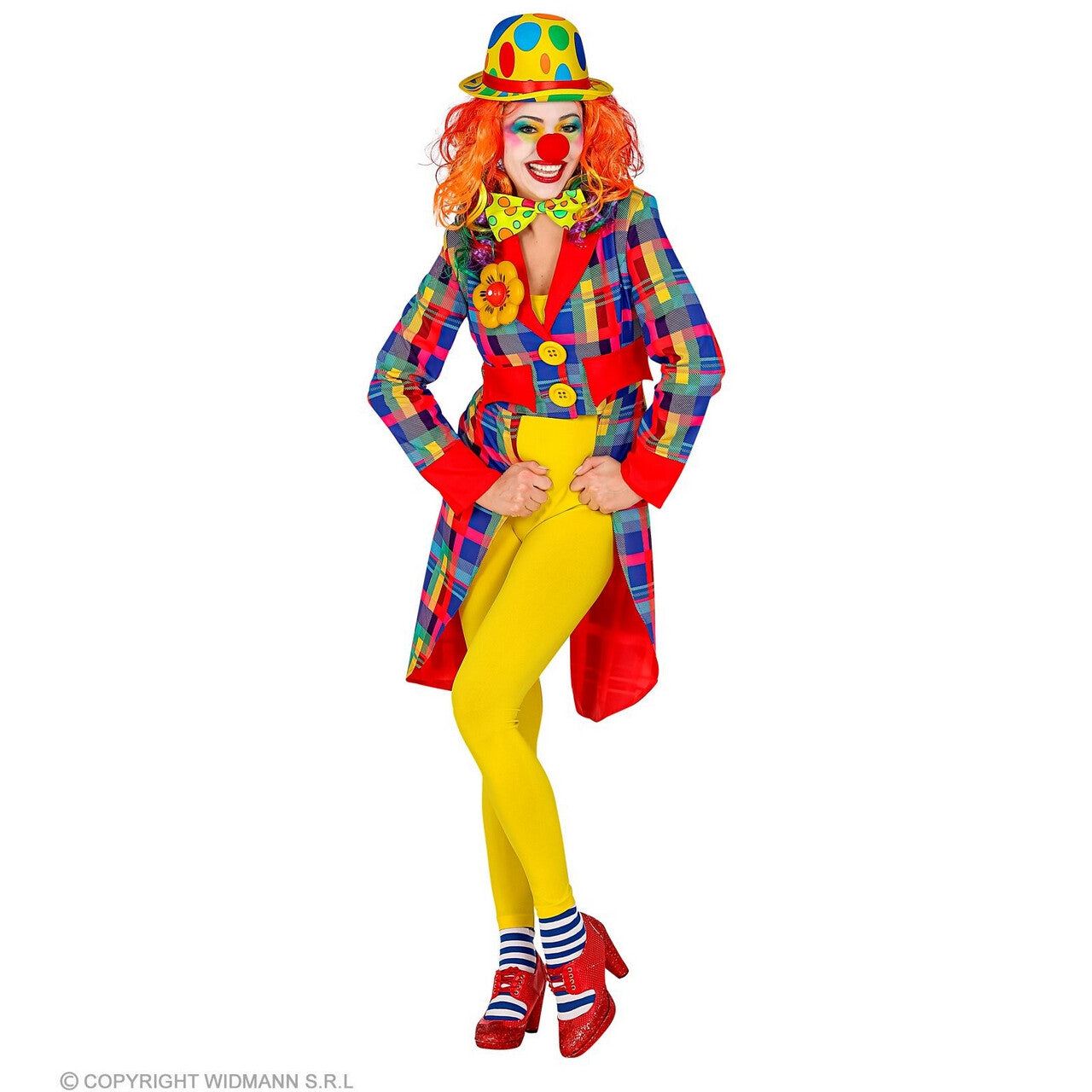 Op deze afbeelding zie je een Kostuums, van het merk Widmann. Moema De Geinige Clown Slipjas Geblokt Vrouw