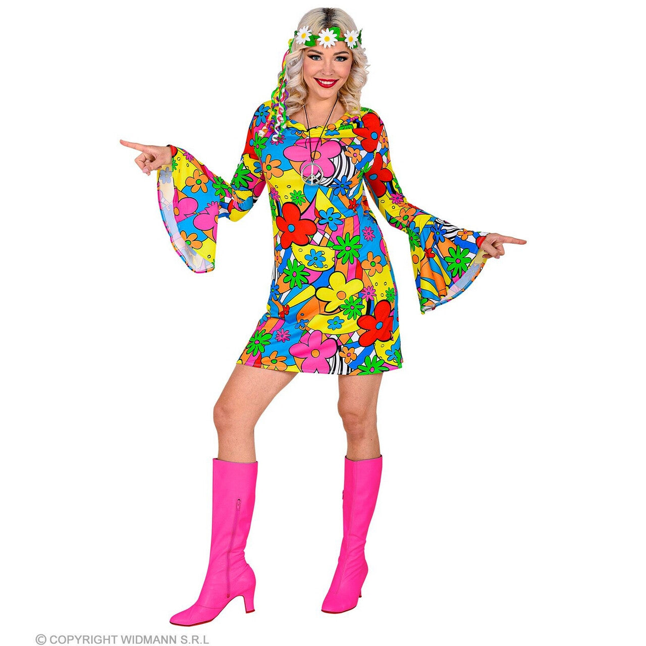 Op deze afbeelding zie je een Kostuums, van het merk Widmann. Flora Bora Seventies Hippie Vrouw Kostuum