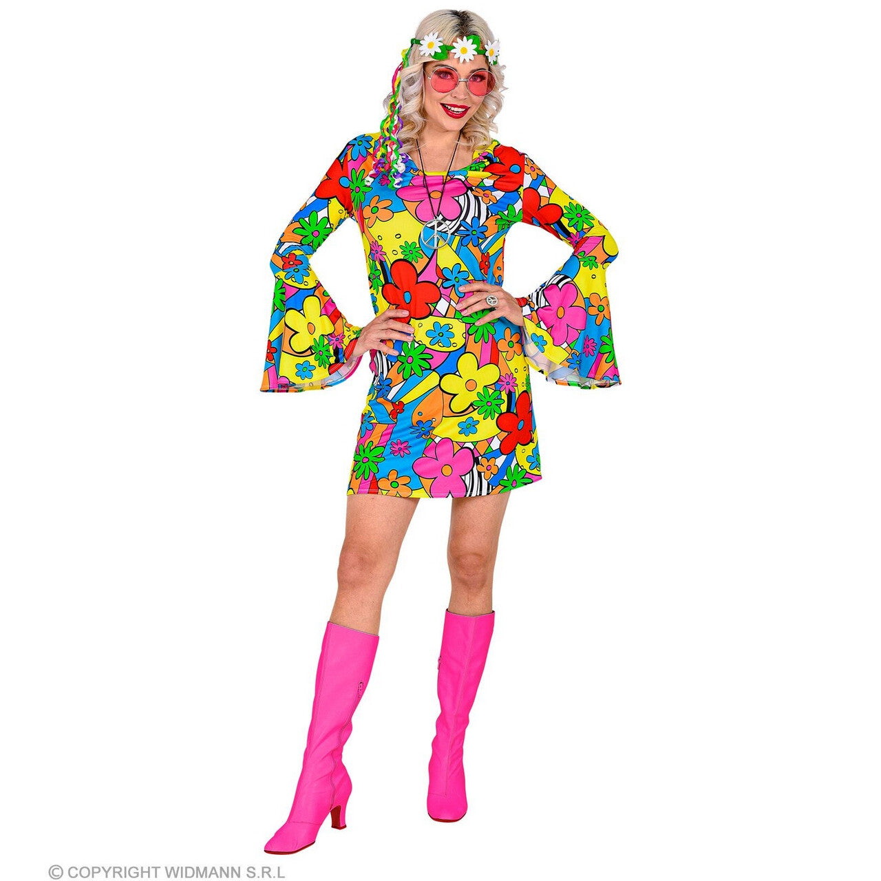 Op deze afbeelding zie je een Kostuums, van het merk Widmann. Flora Bora Seventies Hippie Vrouw Kostuum