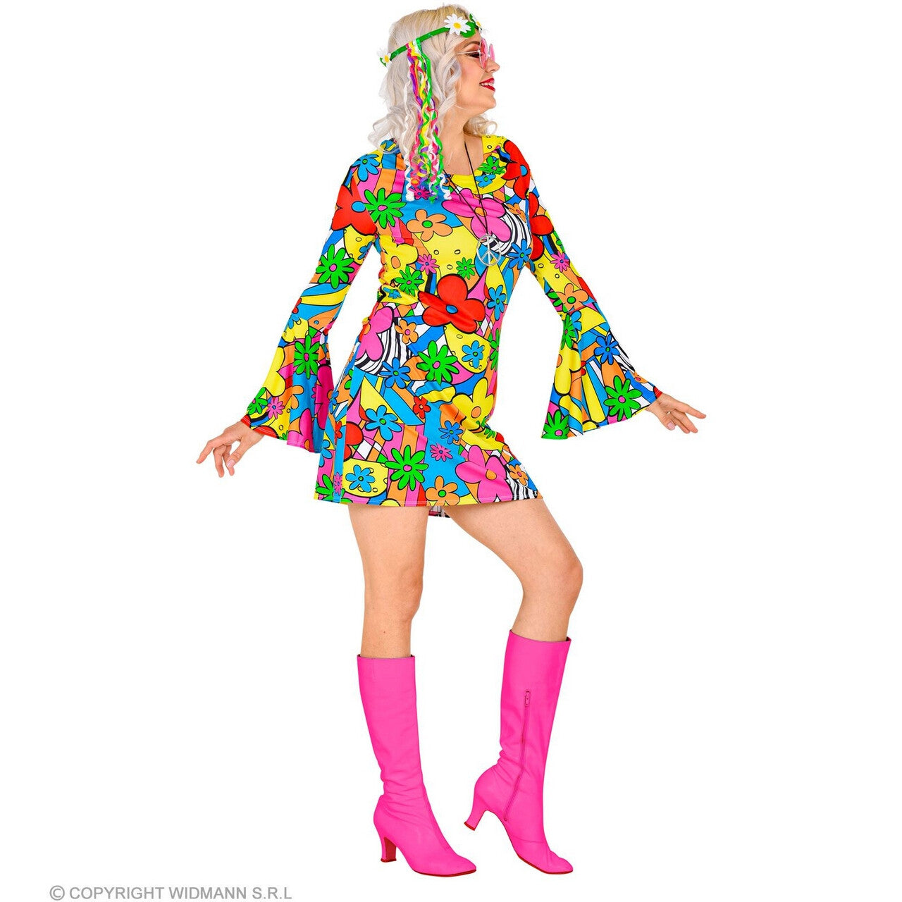 Op deze afbeelding zie je een Kostuums, van het merk Widmann. Flora Bora Seventies Hippie Vrouw Kostuum