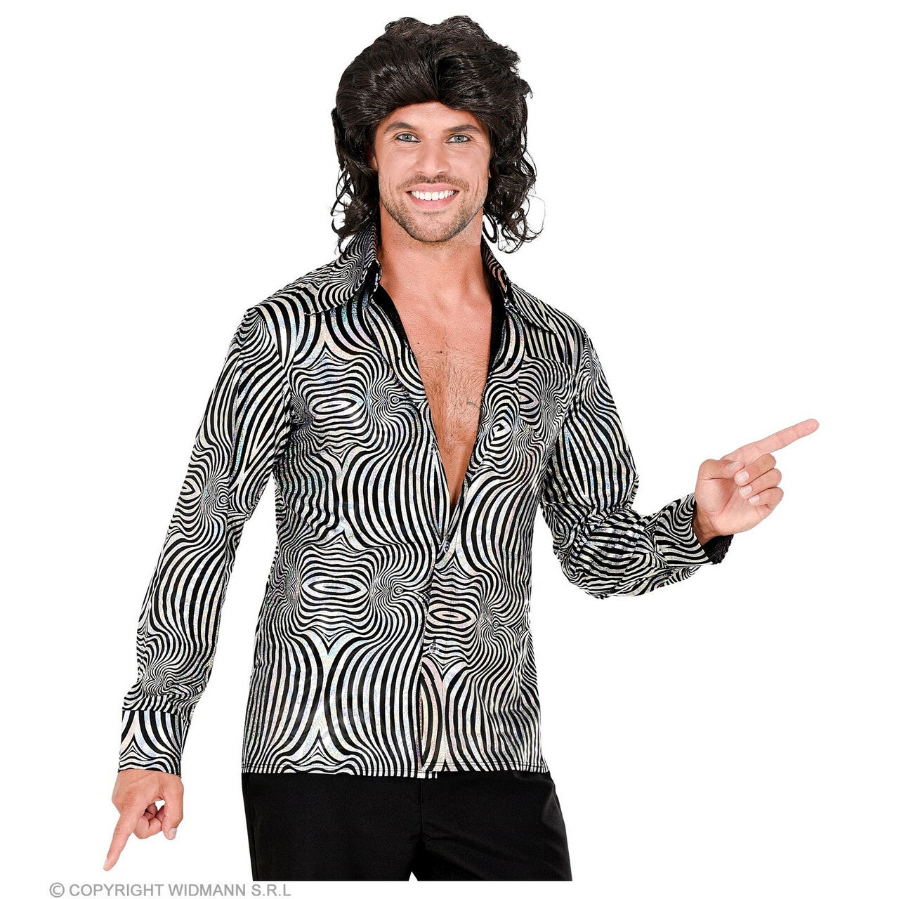 Op deze afbeelding zie je een Kostuums, van het merk Widmann. 70s Verblindend Schitterend Disco Shirt Zilver Man