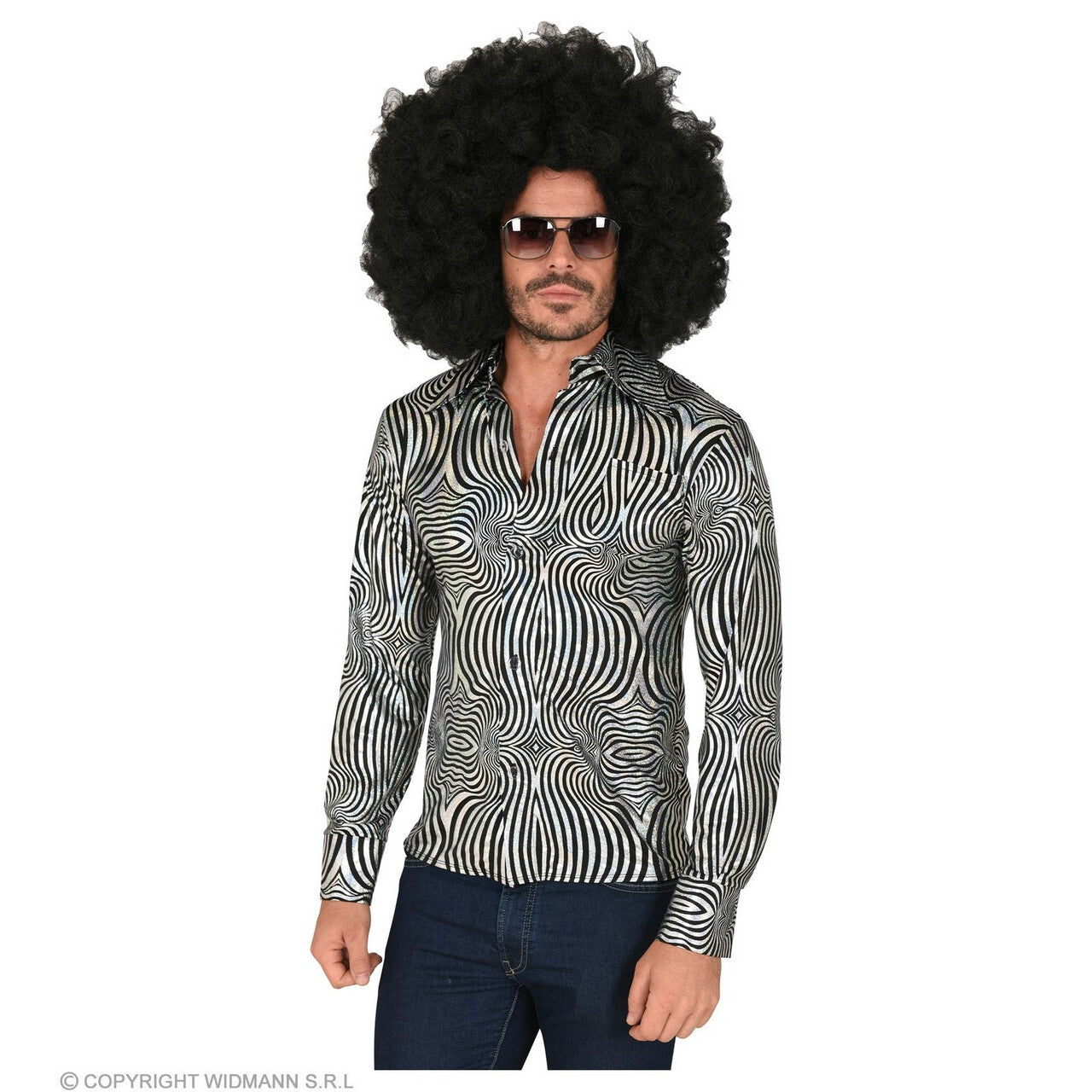Op deze afbeelding zie je een Kostuums, van het merk Widmann. 70s Verblindend Schitterend Disco Shirt Zilver Man