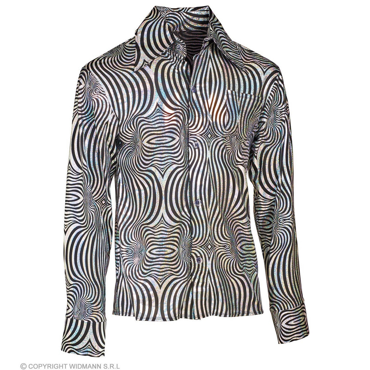 Op deze afbeelding zie je een Kostuums, van het merk Widmann. 70s Verblindend Schitterend Disco Shirt Zilver Man