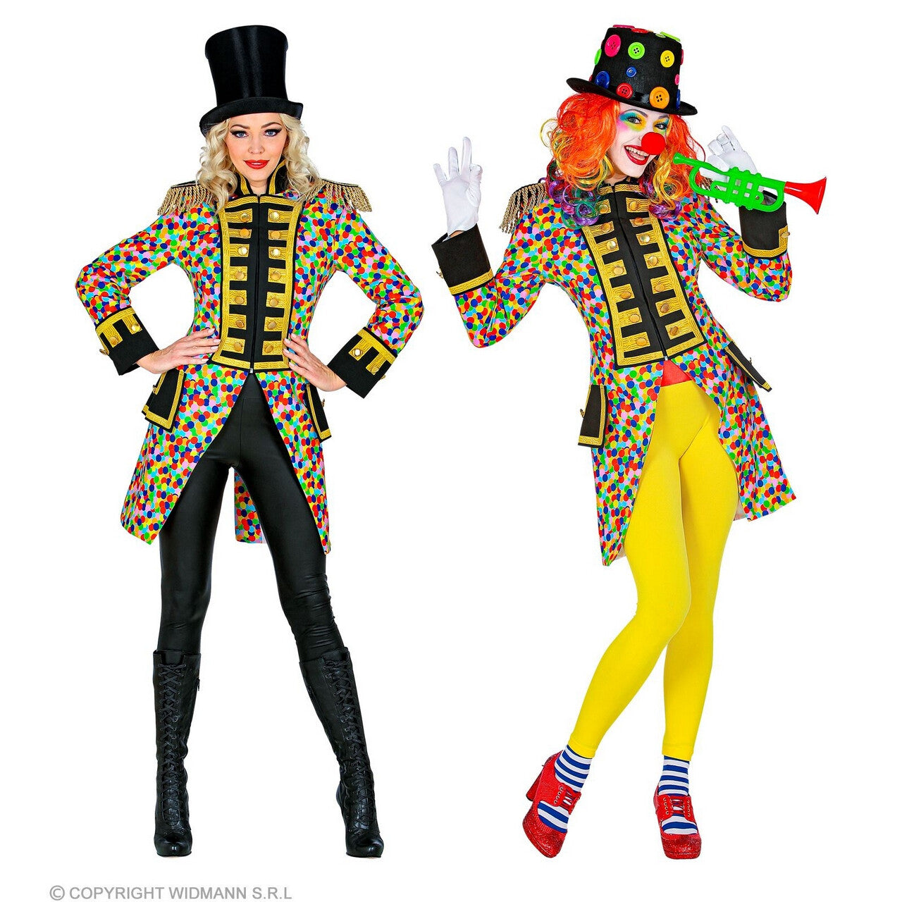 Op deze afbeelding zie je een Kostuums, van het merk Widmann. Confetti Boost Clown Slipjas Vrouw