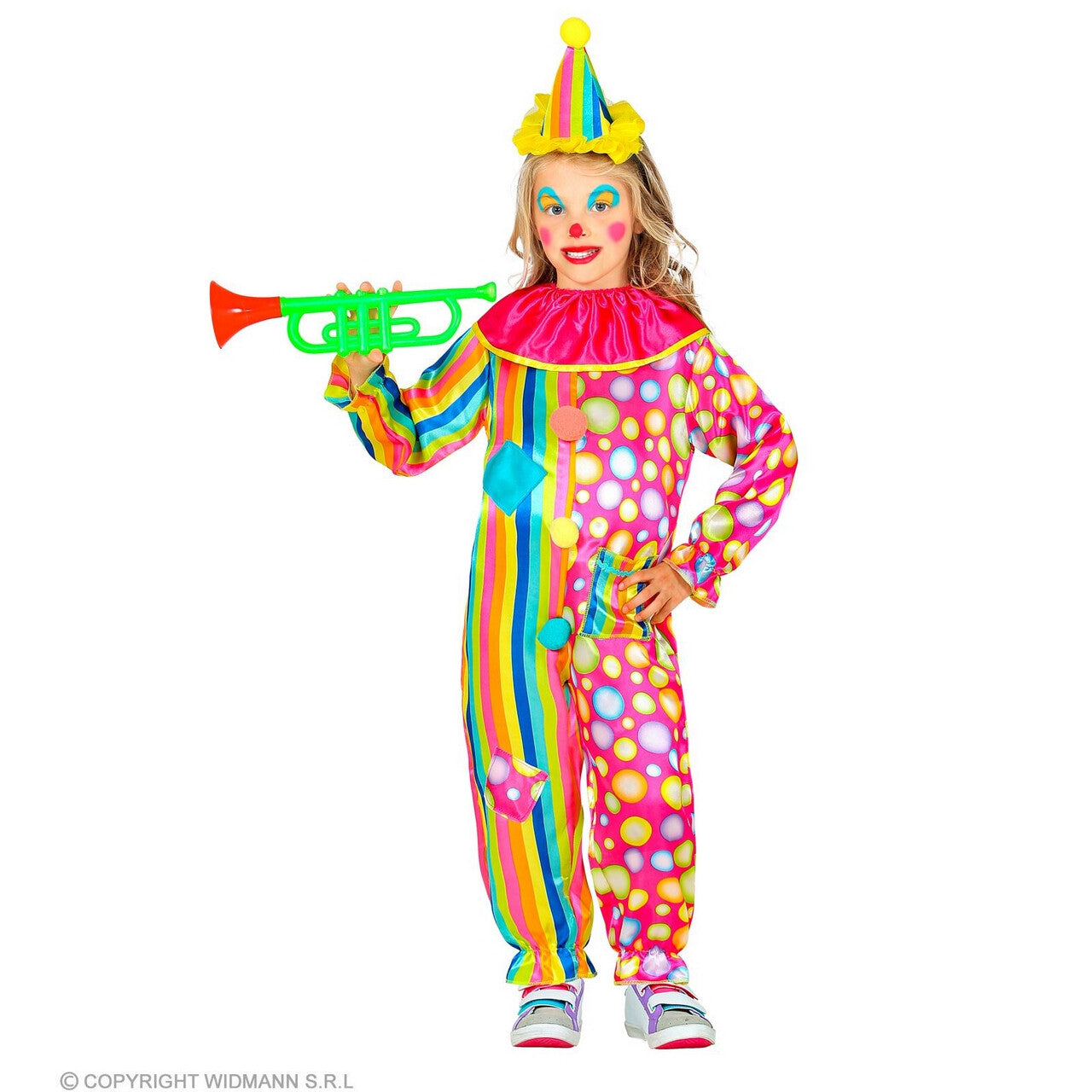 Op deze afbeelding zie je een Kostuums, van het merk Widmann. Zeer Vrolijke Regenboog Clown Kind Kind Kostuum
