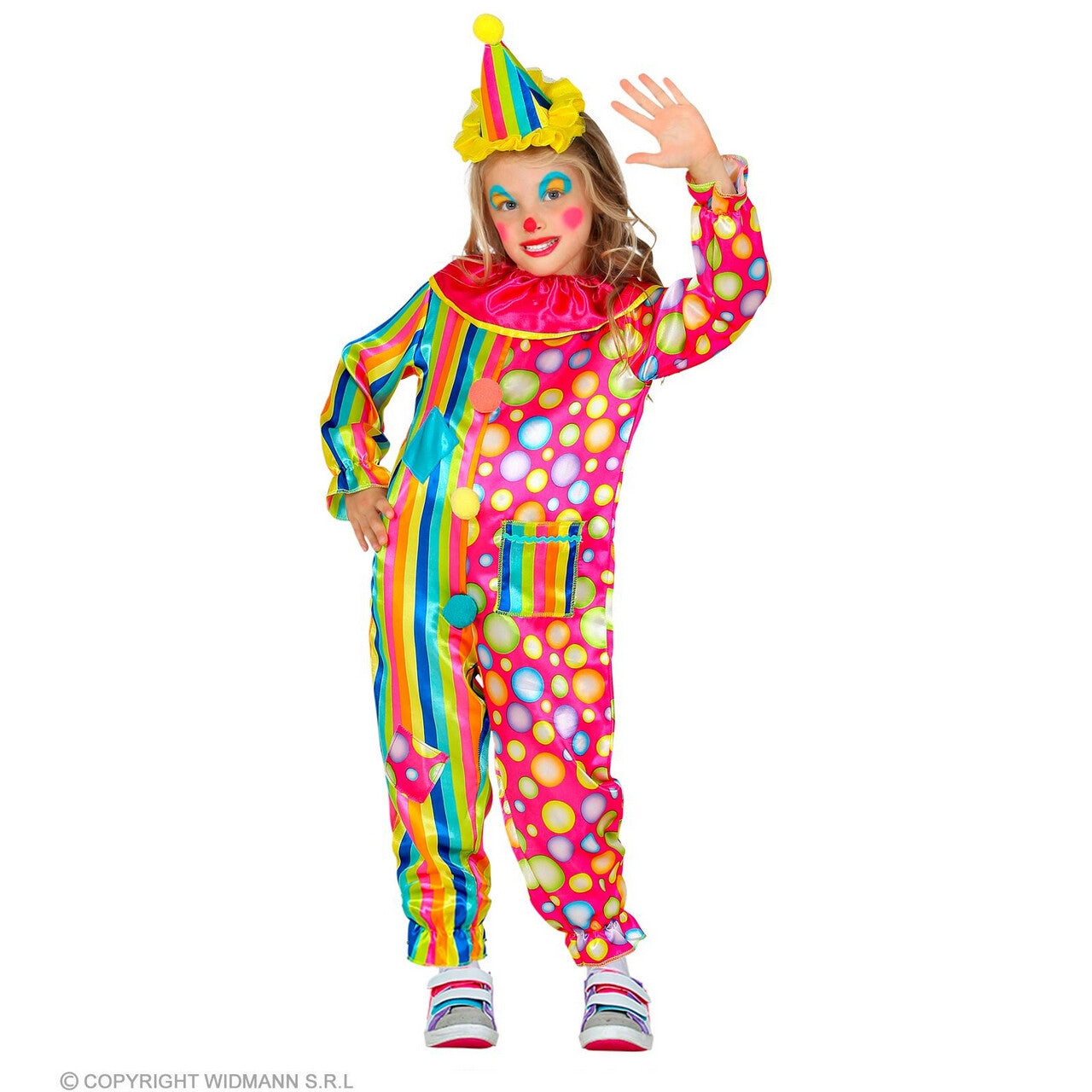 Op deze afbeelding zie je een Kostuums, van het merk Widmann. Zeer Vrolijke Regenboog Clown Kind Kind Kostuum