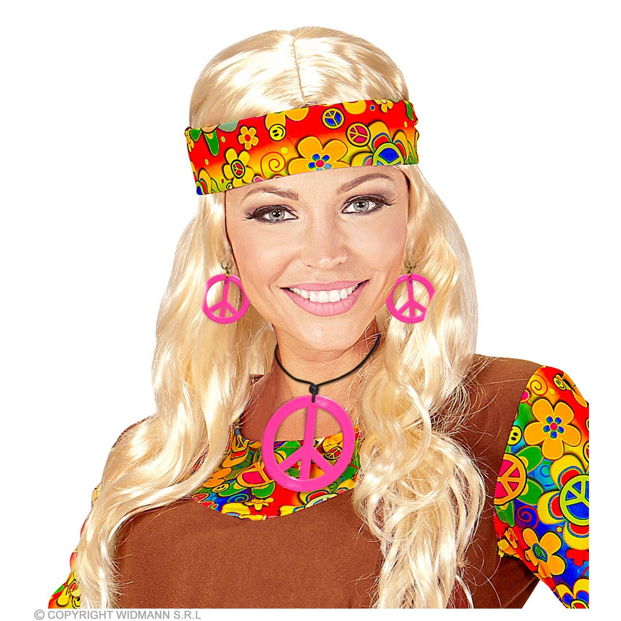 Op deze afbeelding zie je een Accessoires, van het merk Widmann. Hippie Set Peace Ketting En Oorbellen Neon Roze
