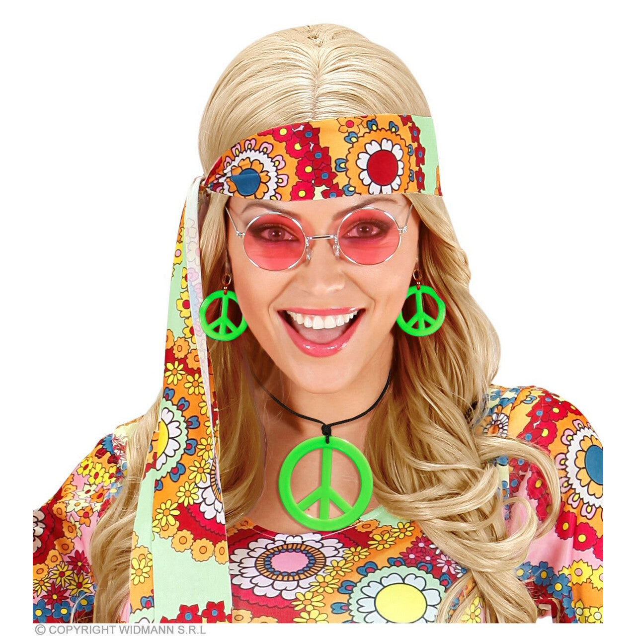 Op deze afbeelding zie je een Accessoires, van het merk Widmann. Hippie Set Peace Ketting En Oorbellen Neon Groen