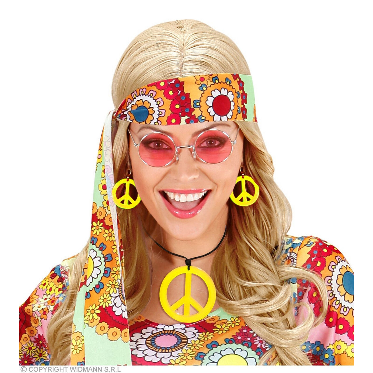 Op deze afbeelding zie je een Accessoires, van het merk Widmann. Hippie Set Peace Ketting En Oorbellen Neon Geel