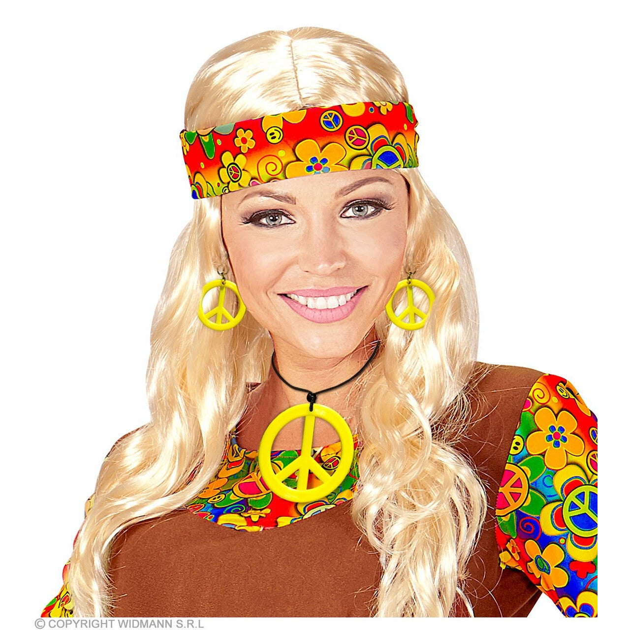 Op deze afbeelding zie je een Accessoires, van het merk Widmann. Hippie Set Peace Ketting En Oorbellen Neon Geel