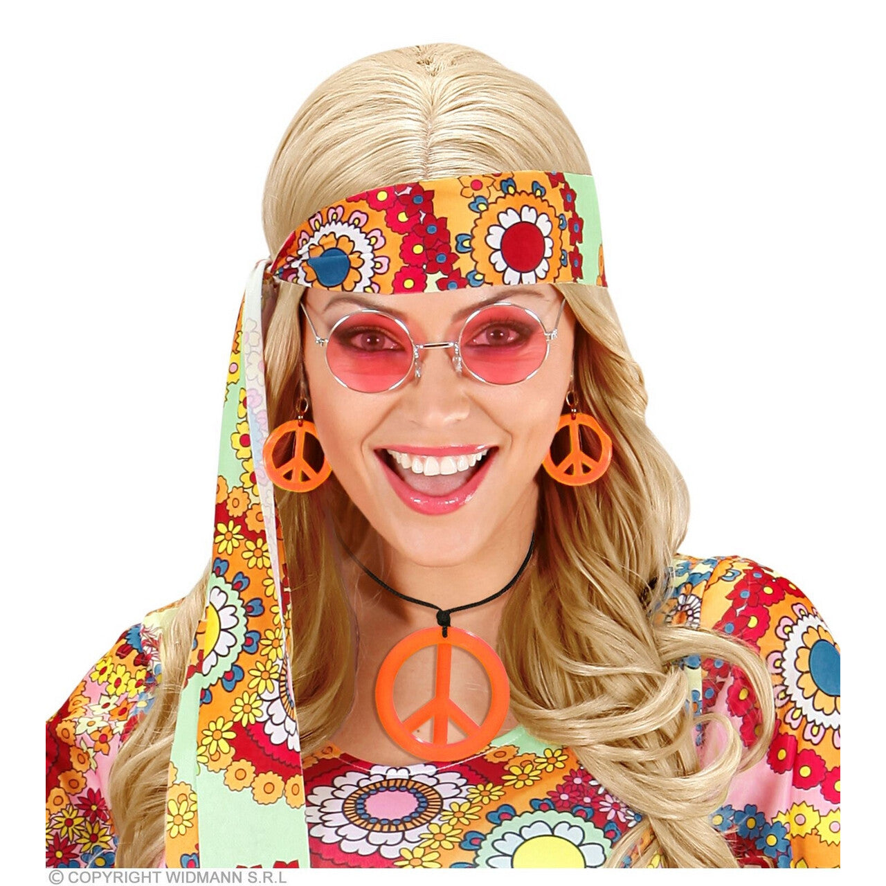 Op deze afbeelding zie je een Accessoires, van het merk Widmann. Hippie Set Peace Ketting En Oorbellen Neon Oranje