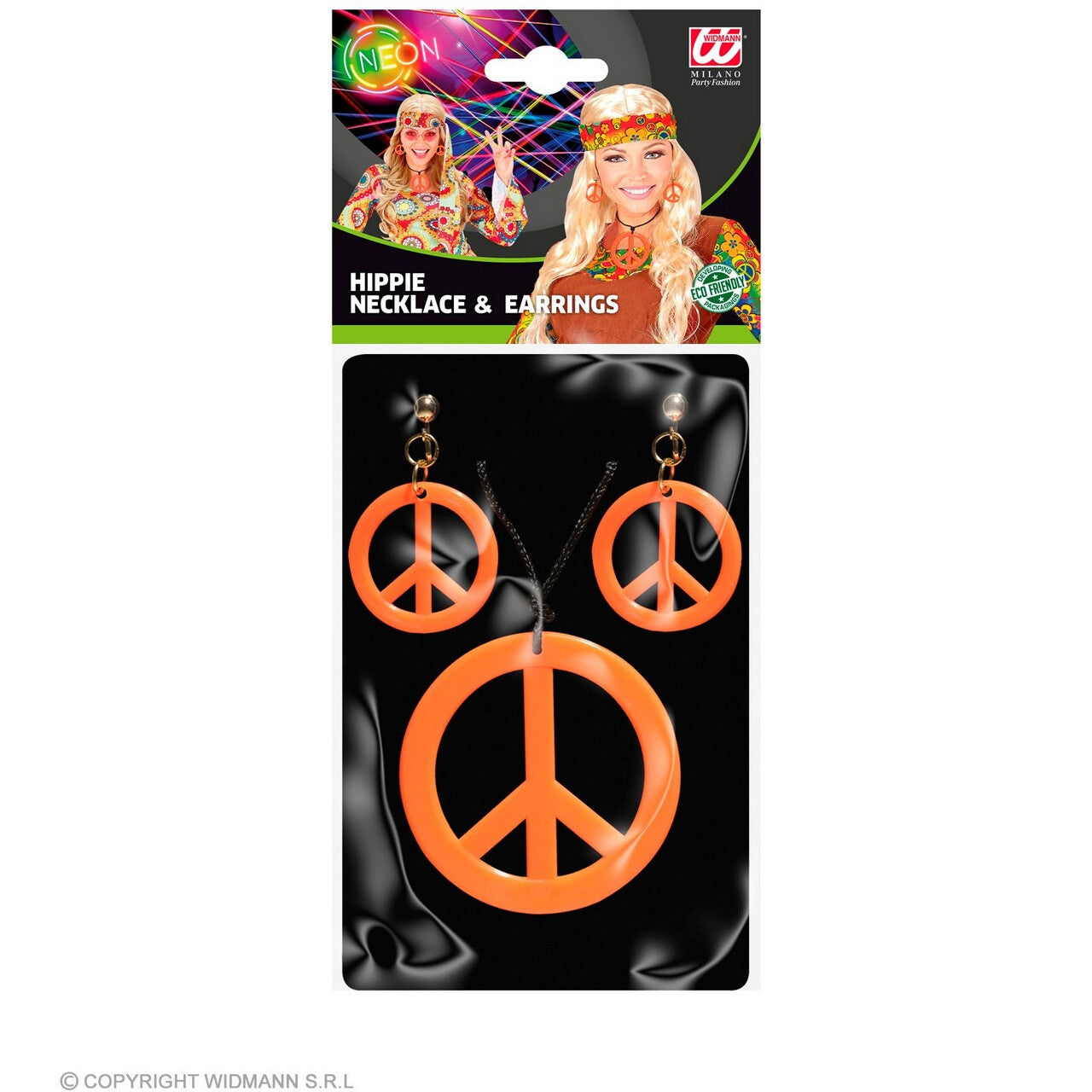 Op deze afbeelding zie je een Accessoires, van het merk Widmann. Hippie Set Peace Ketting En Oorbellen Neon Oranje
