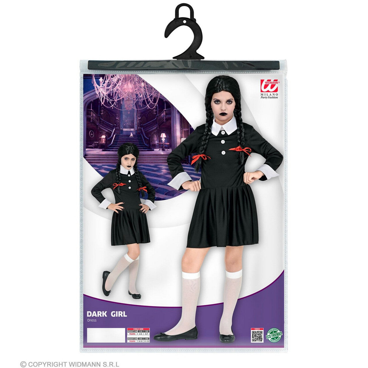 Op deze afbeelding zie je een Kostuums, van het merk Widmann. Duistere Wednesday Addams Meisje Kostuum