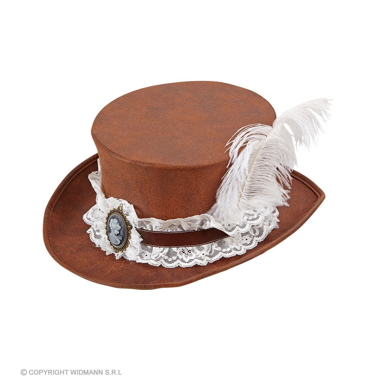 Op deze afbeelding zie je een Accessoires, van het merk Widmann. Hoge Hoed Steampunk Met Veer En Kant Bruin