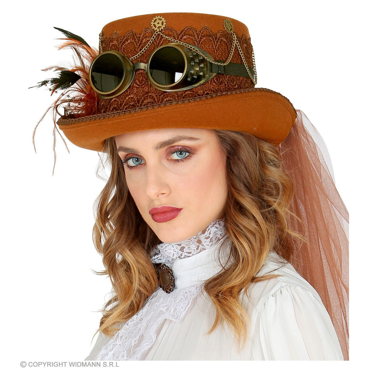 Op deze afbeelding zie je een Accessoires, van het merk Widmann. Hoge Hoed Steampunk Met Bril En Sluier Bruin