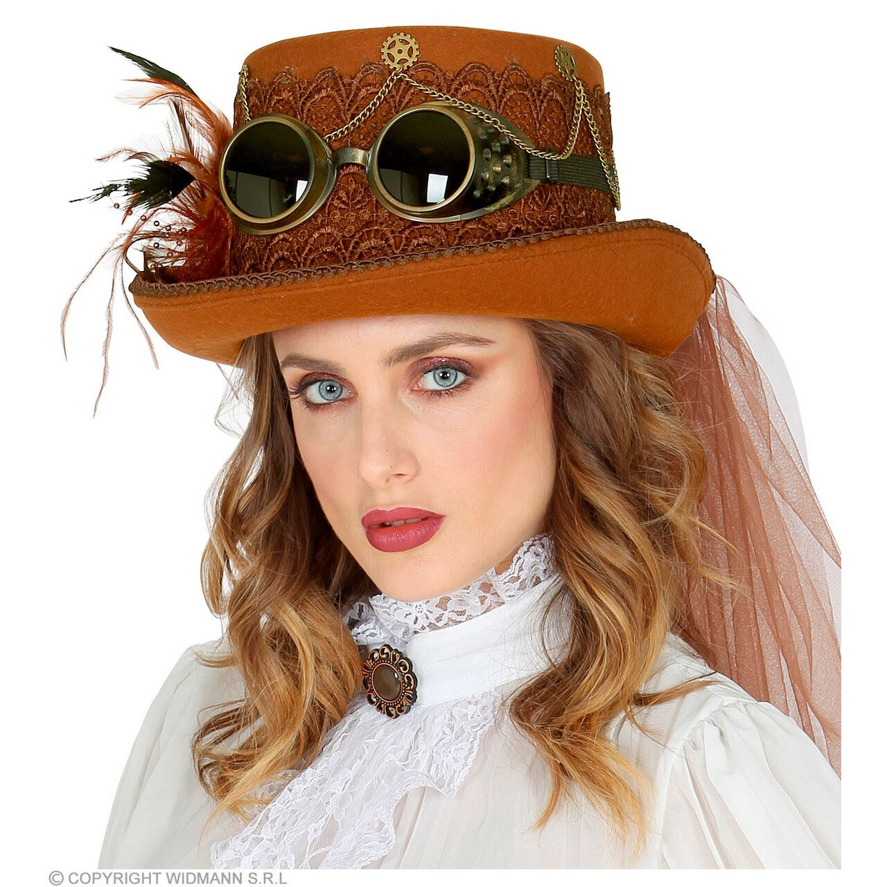 Op deze afbeelding zie je een Accessoires, van het merk Widmann. Hoge Hoed Steampunk Met Bril En Sluier Bruin