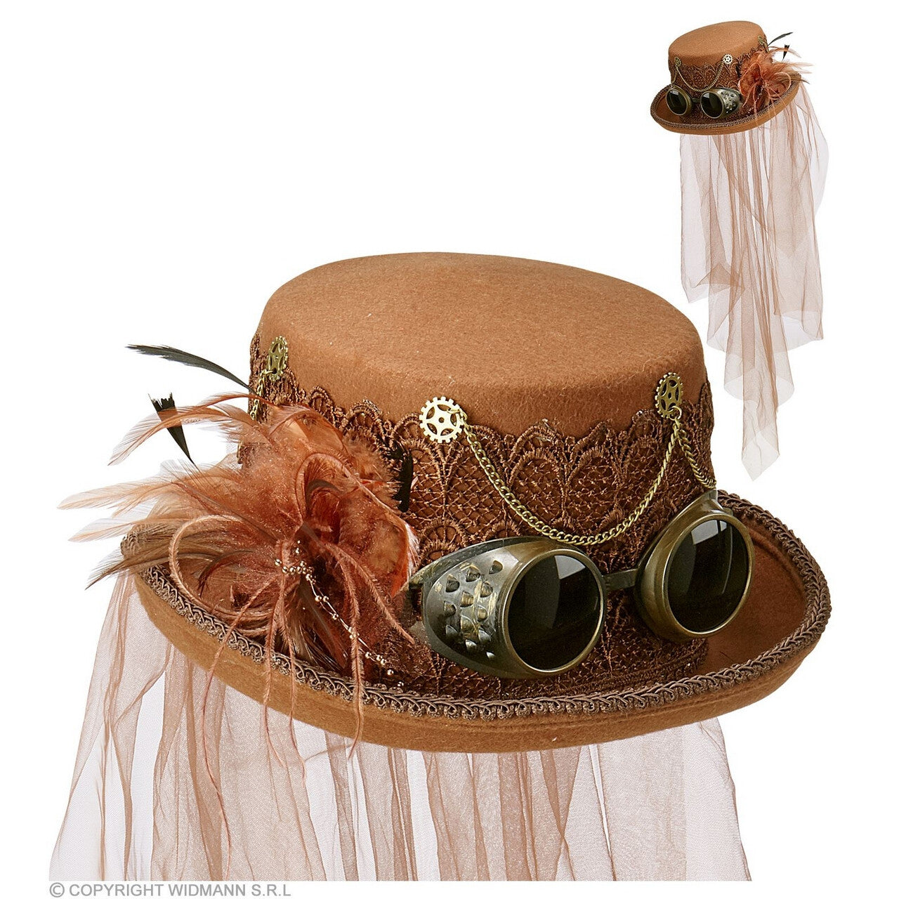Op deze afbeelding zie je een Accessoires, van het merk Widmann. Hoge Hoed Steampunk Met Bril En Sluier Bruin