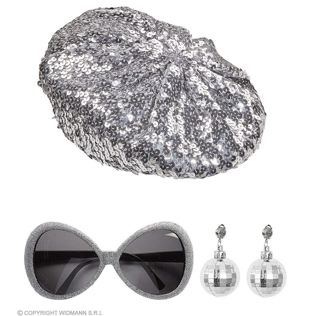 Op deze afbeelding zie je een Accessoires, van het merk Widmann. Hippe Zilveren Glitter Disco Accessoire Set