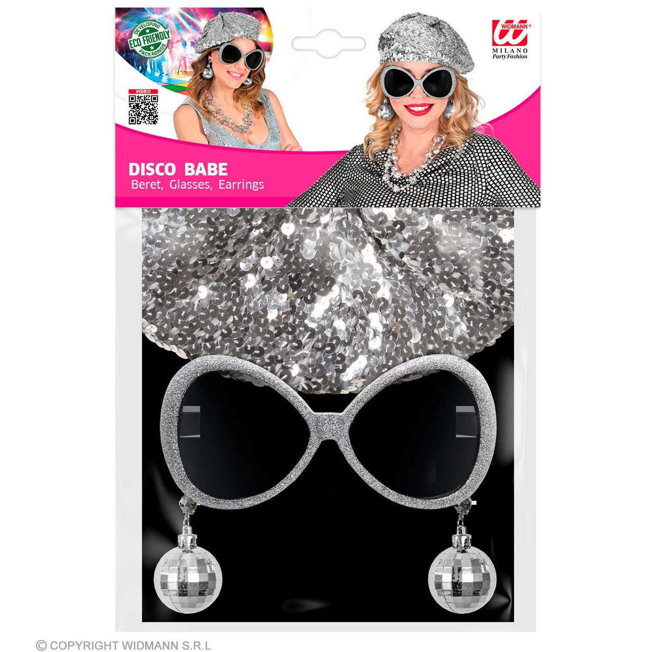 Op deze afbeelding zie je een Accessoires, van het merk Widmann. Hippe Zilveren Glitter Disco Accessoire Set