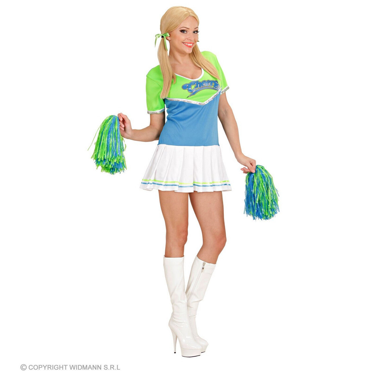 Op deze afbeelding zie je een Kostuums, van het merk Widmann. Cheersvalley Highschool Cheerleader Blauw Groen Vrouw Kostuum