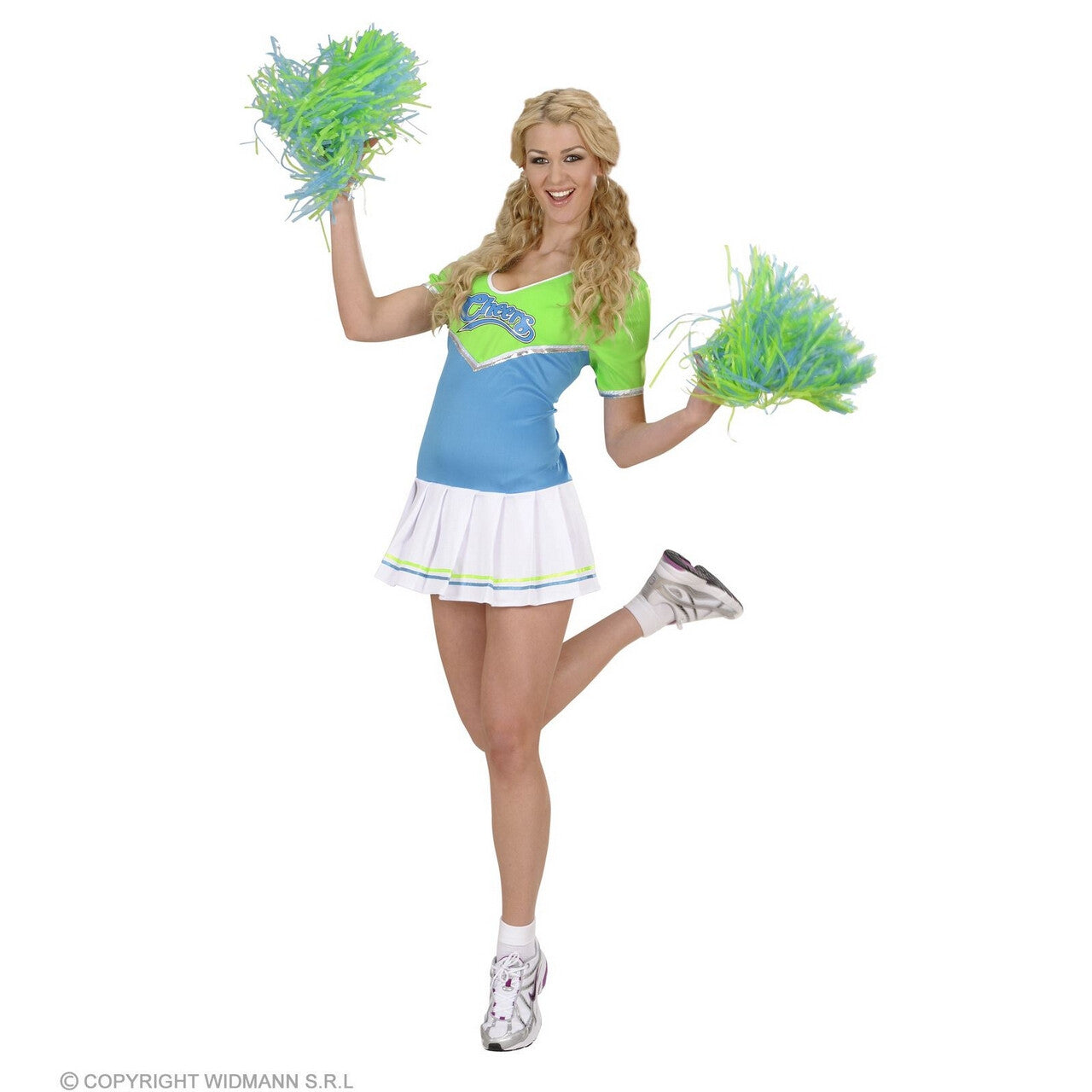 Op deze afbeelding zie je een Kostuums, van het merk Widmann. Cheersvalley Highschool Cheerleader Blauw Groen Vrouw Kostuum