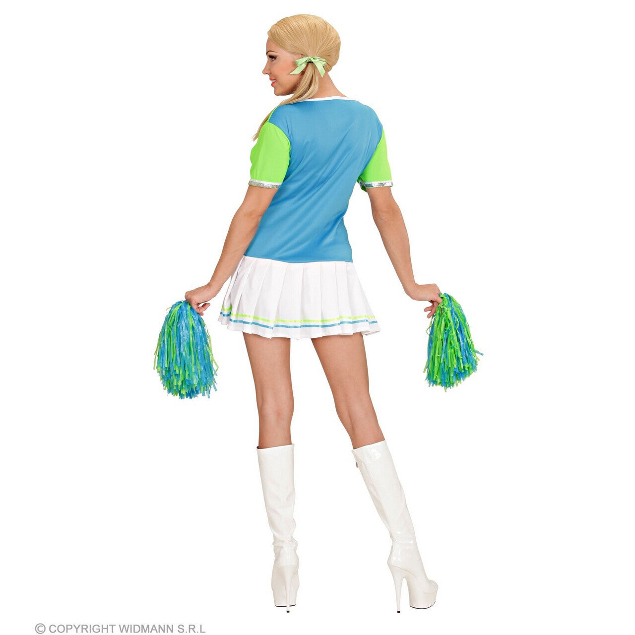 Op deze afbeelding zie je een Kostuums, van het merk Widmann. Cheersvalley Highschool Cheerleader Blauw Groen Vrouw Kostuum