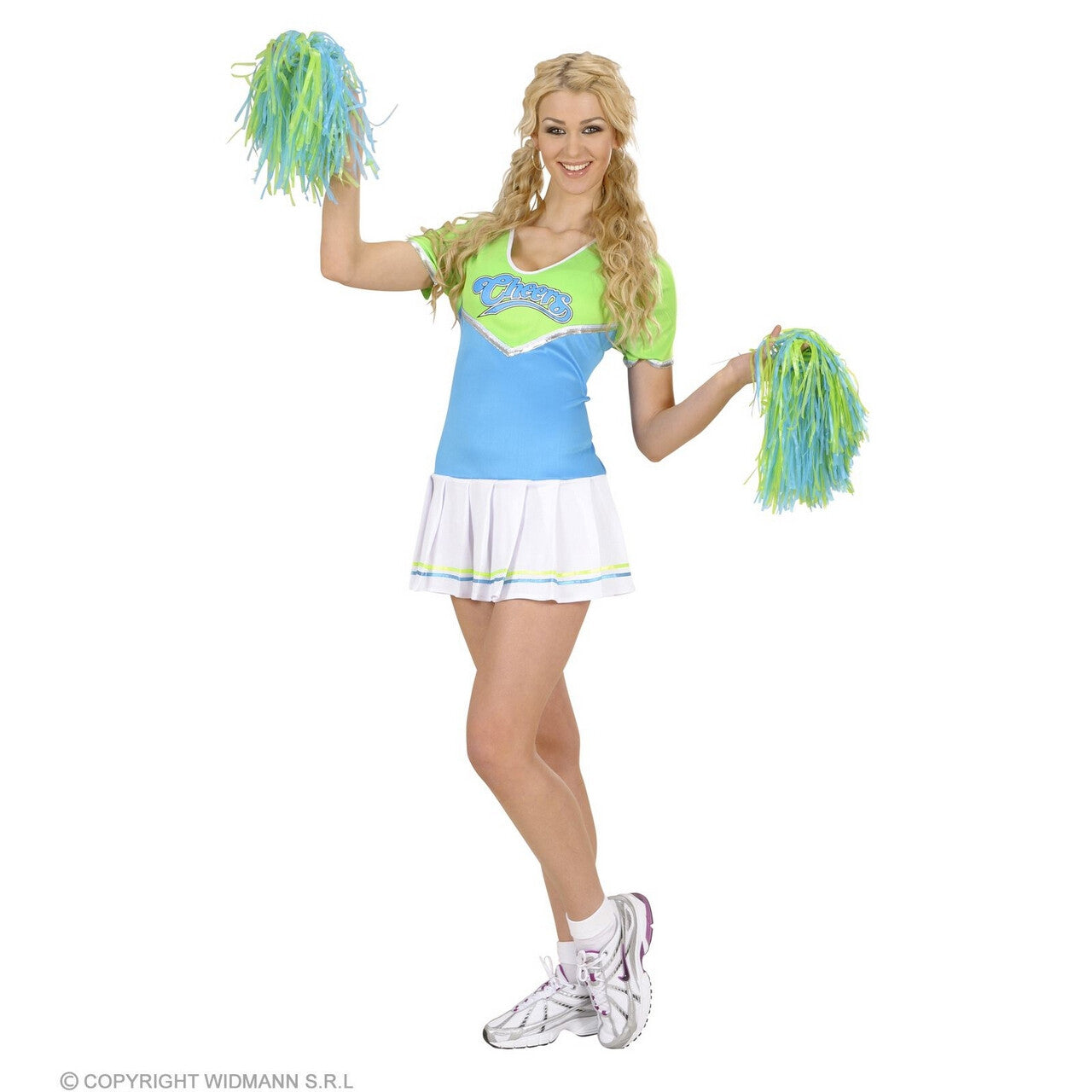 Op deze afbeelding zie je een Kostuums, van het merk Widmann. Cheersvalley Highschool Cheerleader Blauw Groen Vrouw Kostuum