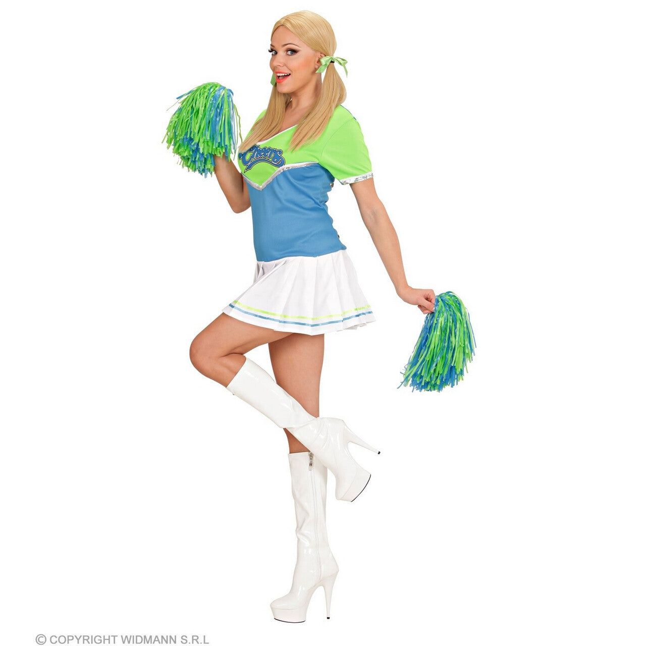 Op deze afbeelding zie je een Kostuums, van het merk Widmann. Cheersvalley Highschool Cheerleader Blauw Groen Vrouw Kostuum