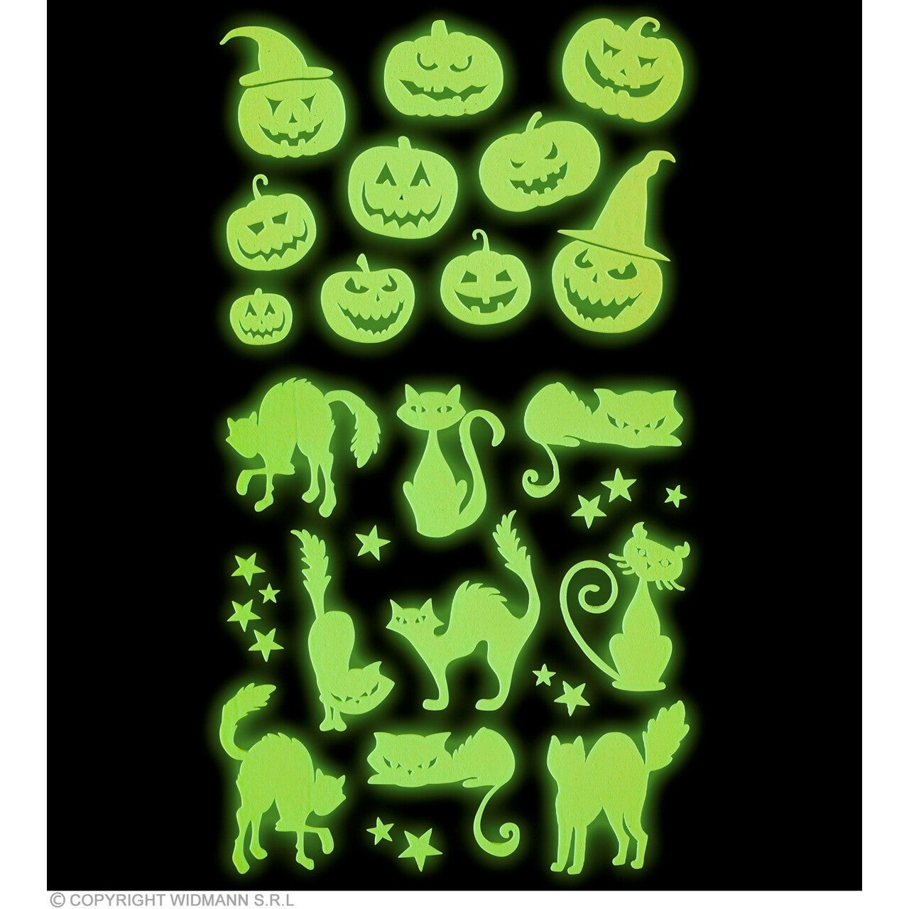 Op deze afbeelding zie je een Decoratie, van het merk Widmann. Glow In The Dark Halloween Pompoenen En Katten Stickers