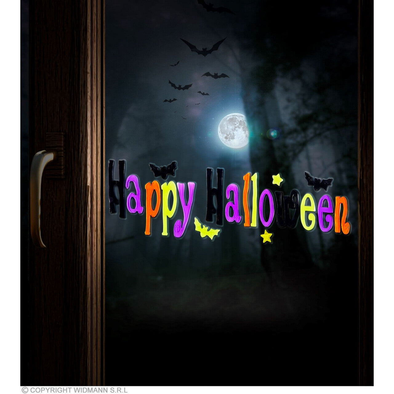 Op deze afbeelding zie je een Decoratie, van het merk Widmann. Raam Sticker Happy Halloween