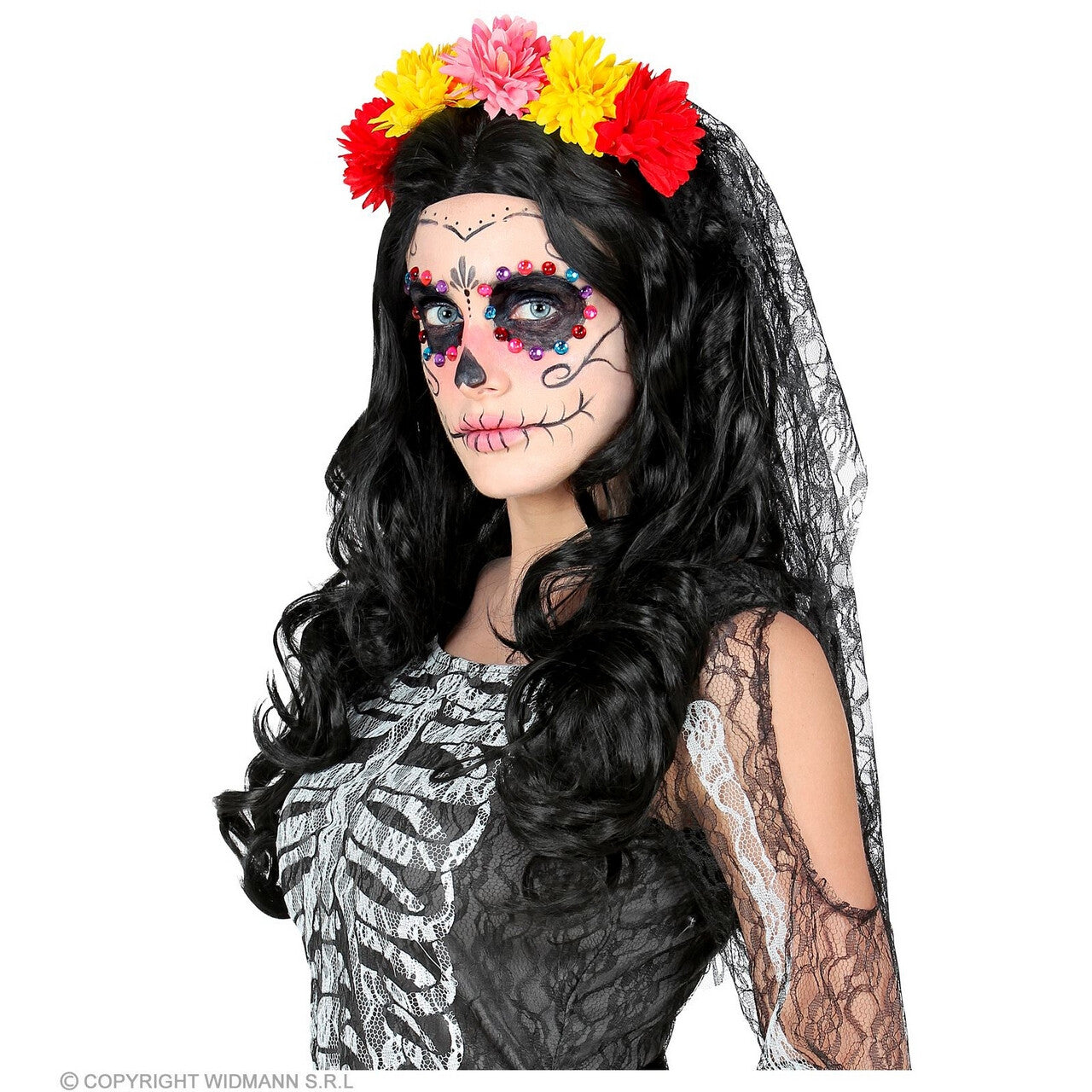 Op deze afbeelding zie je een Accessoires, van het merk Widmann. Dia De Los Muertos Sluier Met Gekleurde Bloemen