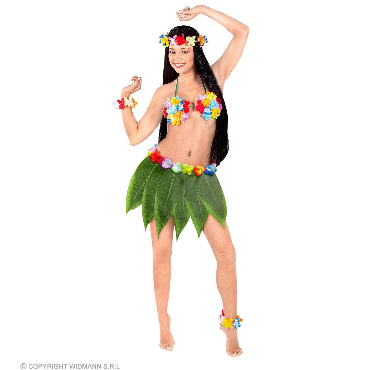 Op deze afbeelding zie je een Kostuums, van het merk Widmann. Hawaiiaanse Bananenbladrok Met Bloemenriem Vrouw